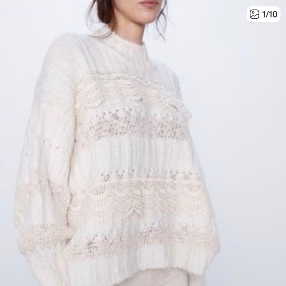 Zara ivory mock neck sweater lace and crochet